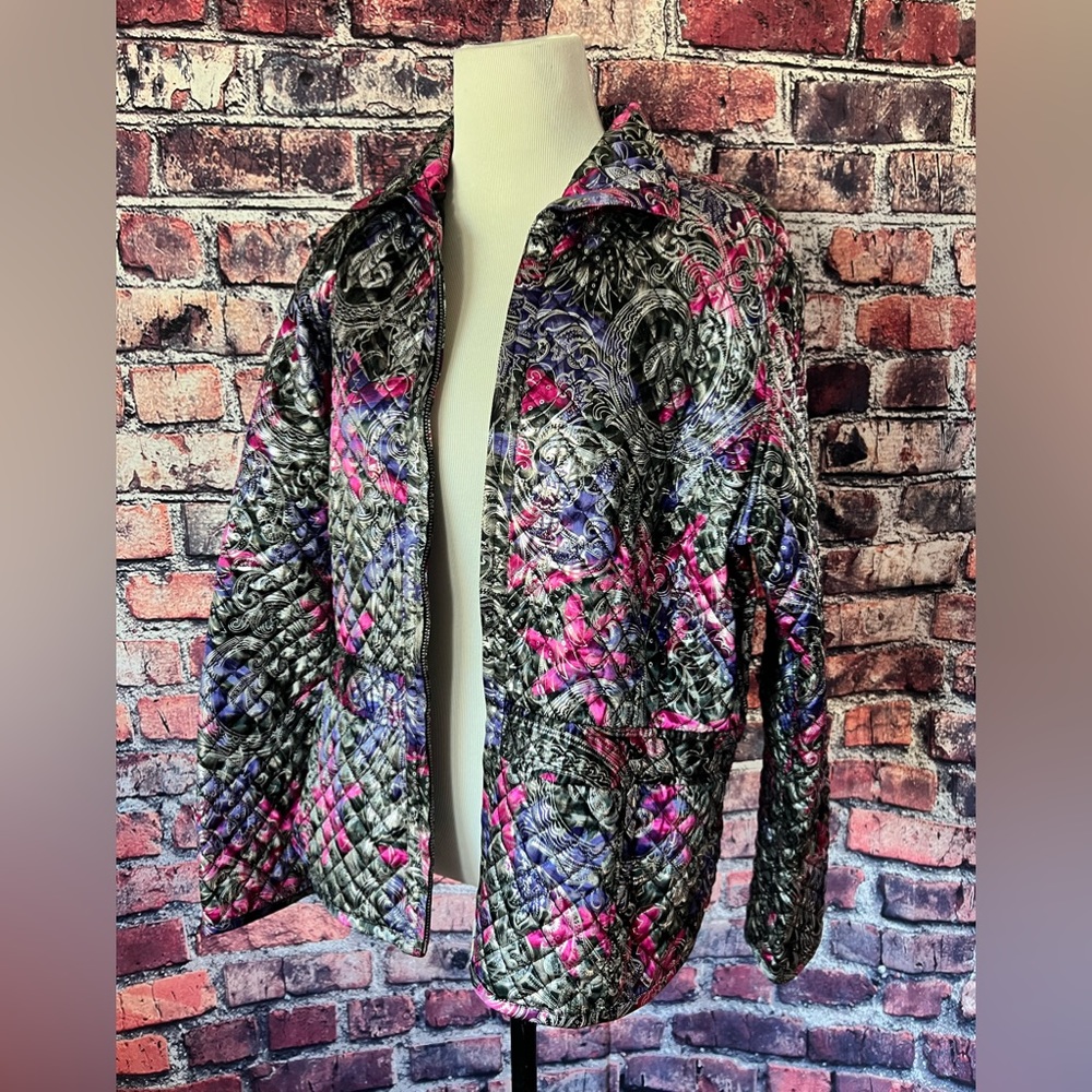 Chicos Reversible Quilted Jacket Black Metallic Pink Paisley 2